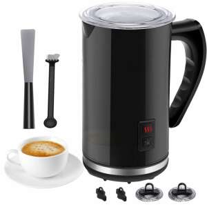 Black electric milk frother with a cup of coffee, a whisk, a spatula, and a cleaning brush - Milk Frother