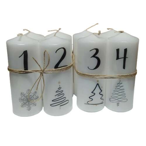 4 db fehér adventi gyertya szett, számozott 1-4-ig, karácsonyi mintákkal, tökéletes az ünnepi szezonhoz