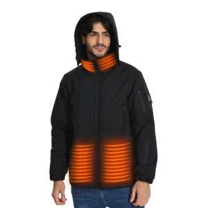 Man wearing black heated jacket with orange heating elements visible, Dollcini brand - Men's Clothing