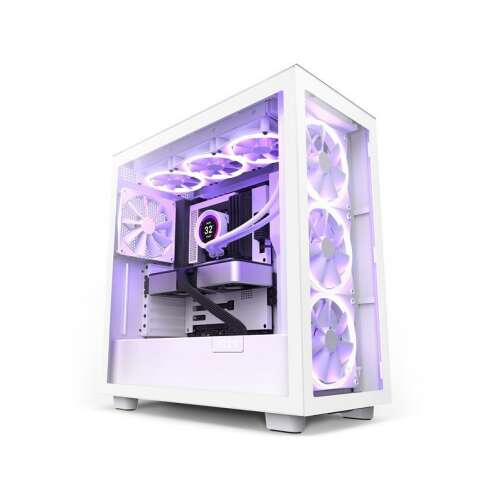 NZXT H7 Elite 2023 weißes ATX-Computergehäuse mit Seitenteil aus gehärtetem Glas, zeigt RGB-Lüfter und eine benutzerdefinierte Wasserkühlung