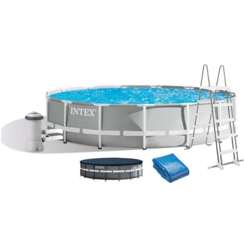 Set de piscină Intex Prism Frame 457x107cm cu pompă de filtrare, scară, prelată și husă