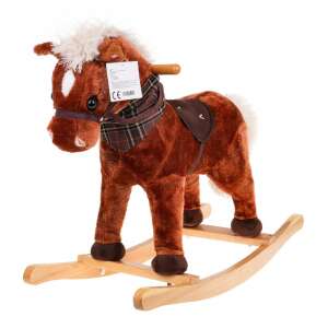 Brown rocking horse with a saddle and a plaid scarf, wooden base, for kids - Rocking horse & animal