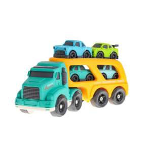 Yellow car transporter truck with 4 small cars, made of bioplastic, for kids - Kids's play car