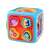 Blue and orange activity cube for babies, featuring a clock, a maze, a piano, a shape sorter, a steering wheel, and a door