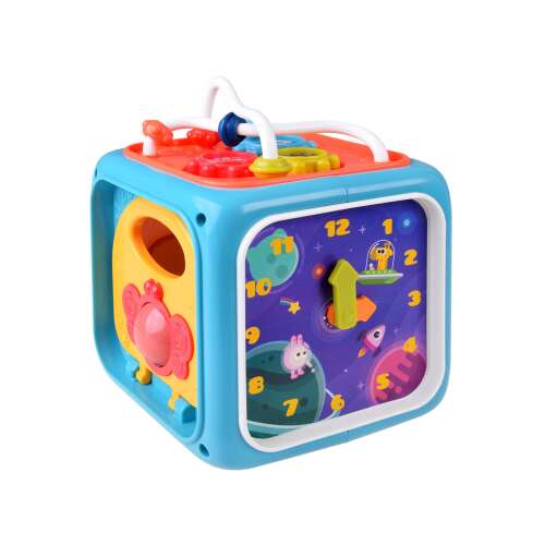 Blue and orange activity cube for babies, featuring a clock, a maze, a piano, a shape sorter, a steering wheel, and a door