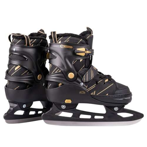 Pár inSPORTline Golnes jégkorcsolya fekete és arany színben, a teljes design és a méretbeállítási lehetőség látható