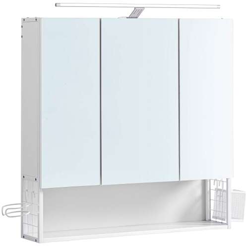 VASAGLE bathroom cabinet with mirror, white, 3 doors, LED light, open shelf, storage