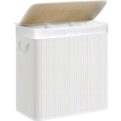 SONGMICS Laundry Basket, 60 x 40 x 61.5 cm, 3-Compartment Laundry Sorter, 150 l with Handles, Lid with Clasps, Collapsible, White LCB091W01 107421875