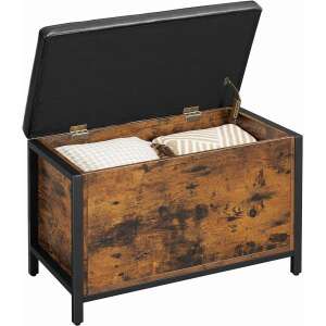 Rustic brown storage bench with black faux leather top and metal frame, open lid showing storage space - Storage Benches & Stool