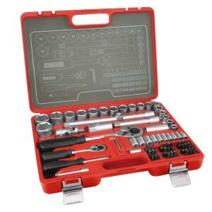 Extol 75-piece socket wrench and screwdriver set open in red case - Extol