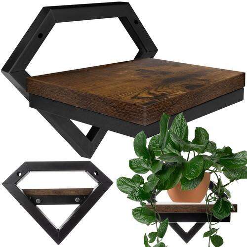 Loft style wall shelf with diamond frame, brown wood shelf, black metal frame, plant on shelf, multiple views