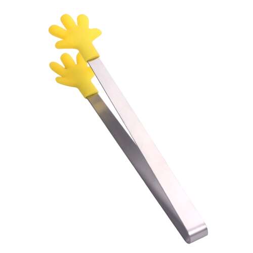 Yellow silicone food tongs with hand shaped tips, Flippy brand, for serving and presenting food