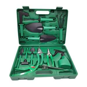 Set of 12 garden tools in a green carrying case, including a trowel, hand rake, pruning shears, and more - Planting Tool