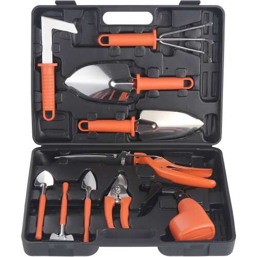 10 darabos kerti szerszámkészlet hordtáskában, beleértve a lapátot, kézi gereblyét, ásót, metszőollót és öntözőkannát