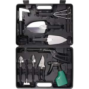 Set of 10 garden tools in a carrying case, including a trowel, rake, shovel, pruning shears, and a watering can - Planting Tool