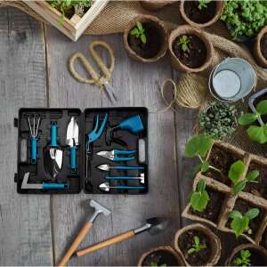 Garden tool set with 10 pieces, including shovel, trowel, rake, pruner, and more, in a black carrying case - Planting Tool
