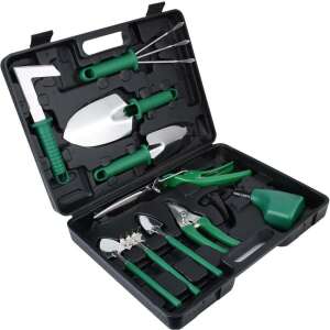 Garden tool set with 10 pieces, including shovel, rake, trowel, pruning shears, and more, in a carrying case - Planting Tool