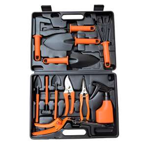 Set of 12 garden tools in a carrying case, includes a trowel, hand rake, pruning shears, and more - Planting Tool