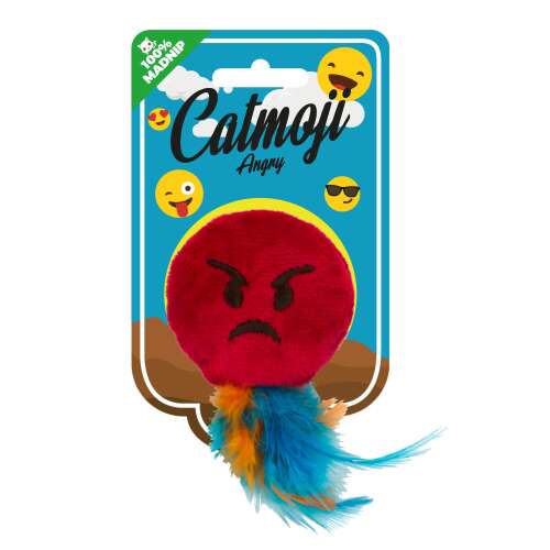 Catmoji Angry Emoji macskajáték Madnip-pel, piros dühös arc plüss tollal