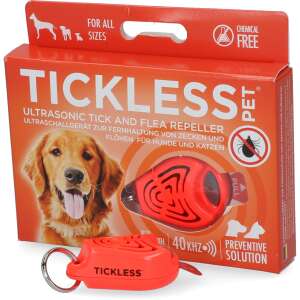 Tickless Pet Ultrahangos Kullancs- és Bolhariasztó, vegyszermentes, kutyáknak és macskáknak, piros eszköz kutyával a csomagoláson - TickLess