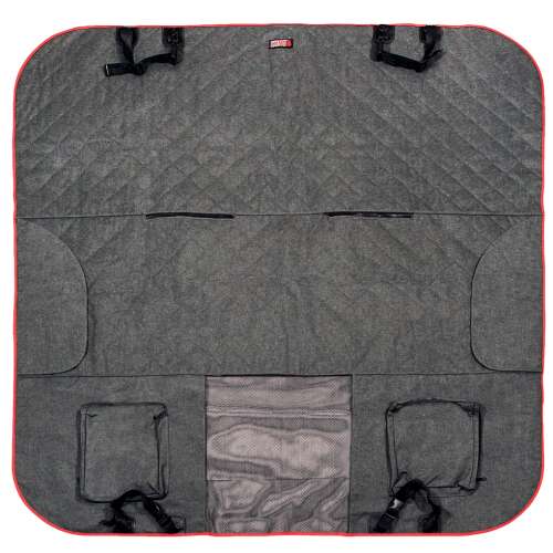 KONG 2 az 1-ben autós üléshuzat, szürke piros szegéllyel, védi az üléseket a szennyeződéstől és a foltoktól, zsebekkel és hálós ablakkal