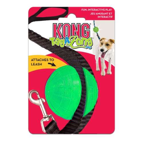 KONG TagALong kutyajáték, zöld labda fekete pórázhoz rögzítve, interaktív játékhoz