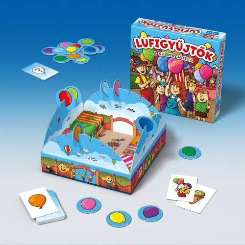 Lufigyűjtők társasjáték, a színes játék gyerekeknek a lufik gyűjtéséről, a játéktábla és a kártyák láthatóak