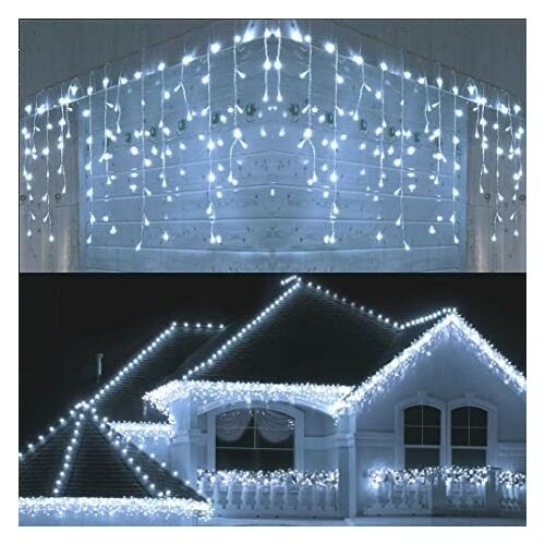 Flippy Blue LED Christmas Icicle Lights on House, Holiday Decoration