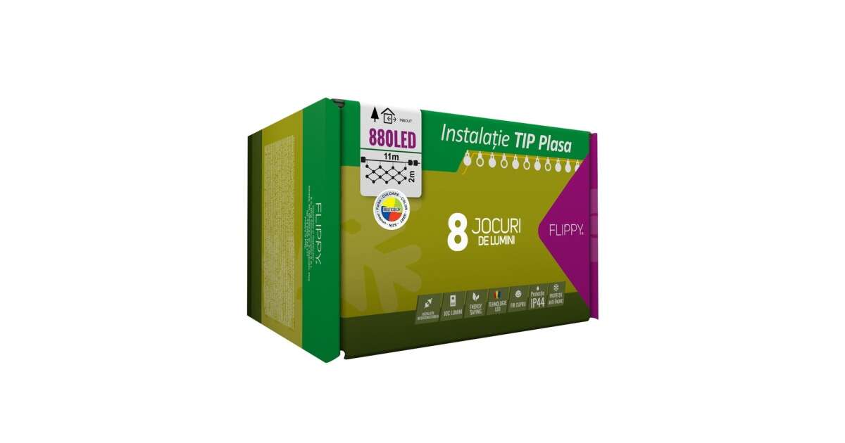 Instalatie Craciun, Tip Plasa, 11 m x 2 m, 880 LED-uri, Multicolor, 8 jocuri de lumini, Transformator cu telecomanda, Interconectabila, Prelungitor 3 m inclus, Fir transparent, KipHome 107497969
