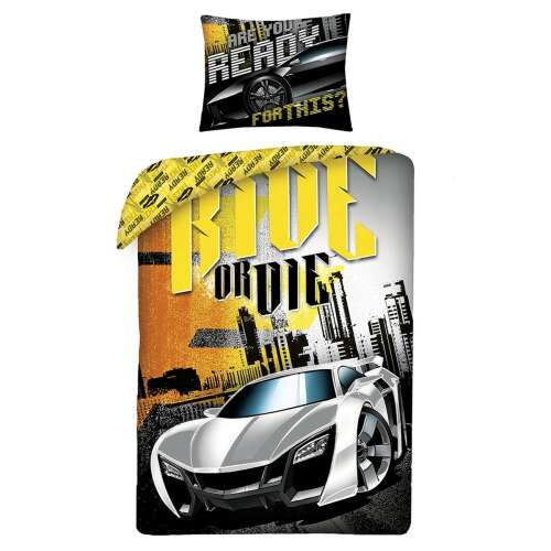 Fast & Furious Ride or Die Bettwäsche-Set, schwarz, gelb, grau, weiß, 140 x 200 cm Bettbezug, 70 x 90 cm Kissenbezug, leuchtend im Dunkeln, lizenziertes Produkt, HALANTEX