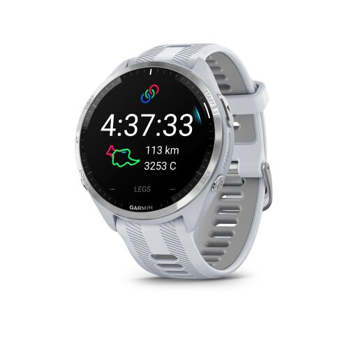 Garmin Forerunner 965 fehér multisport óra, aktivitási adatokat mutatva - Garmin