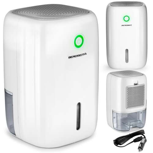 Berosen BR-20A Luftentfeuchter, 360° Ansicht, zeigt Vorder-, Seiten- und Rückseite, mit Autoadapter