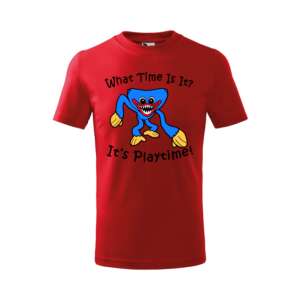 Piros Huggy Wuggy póló gyerekeknek, a népszerű karakterrel és a 'What Time Is It? It's Playtime!' felirattal. - Ajándék póló