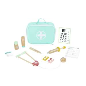 Set de doctor din lemn pentru copii, include o geantă, un stetoscop, un termometru, o seringă, pastile, o diagramă a ochiului și multe altele - Moni