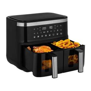 Tesla Aircook Q450 XXL DualZone Digital Air Fryer with two baskets, one with chicken and the other with onion rings - Tesla Air fryer