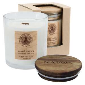 Ароматна свещ NATAVA със сладък шафран, 220g, стъклен буркан с дървен капак - Освежител за въздух