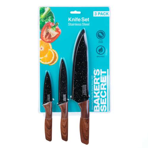Baker's Secret 3-piece knife set with black stainless steel blades and wooden handles, includes a chef's knife, utility knife, and paring knife