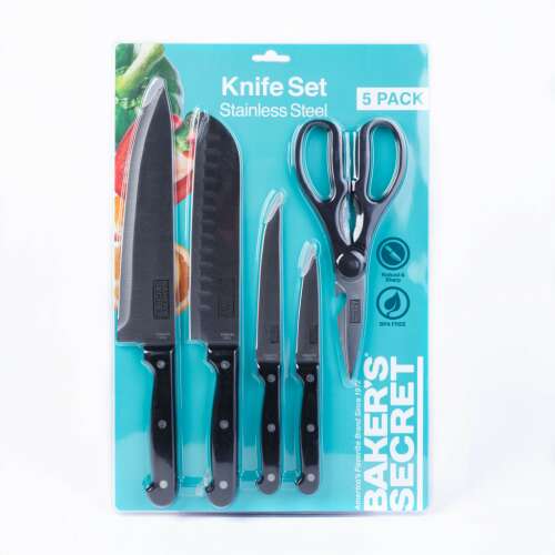 Baker's Secret 5-piece knife set with scissors, stainless steel, black handles, kitchen knives