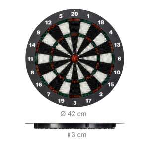Darts tábla 6 db puha nyíllal, 42 cm átmérő, 3 cm vastagság, fekete-fehér, piros és zöld dupla/hármas mezőkkel - Darts