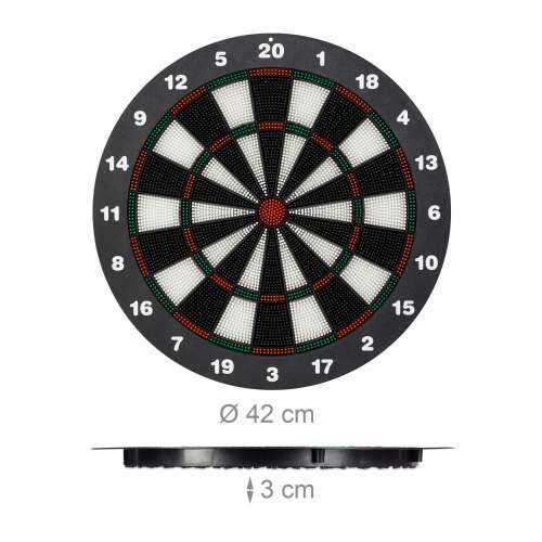 Darts tábla 6 db puha nyíllal, 42 cm átmérő, 3 cm vastagság, fekete-fehér, piros és zöld dupla/hármas mezőkkel