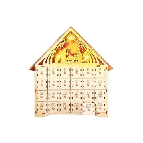 Calendar advent din lemn cu luminițe LED, cu scena nașterii, 24 sertare și o stea în vârf