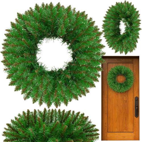 Sztuczny wieniec świąteczny Springos®, średnica 45 cm, zielony z brązowymi akcentami, kolaż przedstawiający wieniec na drzwiach i z różnych kątów