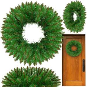 Springos® künstlicher Weihnachtskranz, 45 cm Durchmesser, grün mit braunen Akzenten, Collage mit Kranz an der Tür und aus verschiedenen Blickwinkeln - Springos