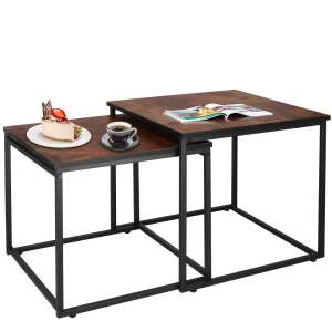 Springos® nesting coffee table set, black metal frame with brown wood top, 2 tables - Living Room Furniture