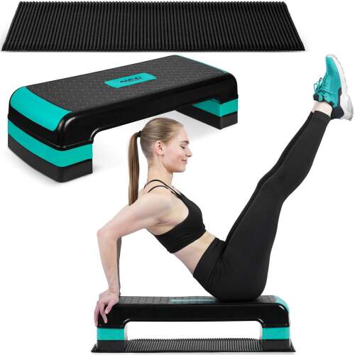 Neo-Sport Step Platform with 3 steps, turquoise and black, with woman doing exercise on it, and a black non-slip mat