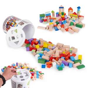 Ecotoys 100 piece wooden building blocks in a bucket, with sorting shapes on the lid - Ecotoys