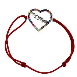 Srebrna regulowana bransoletka Jolie ze sznurkiem, z kolorowymi cyrkoniami, w kształcie serca, z napisem 'mama' wewnątrz, czerwony sznurek - Dla kobiet