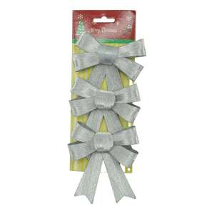 3db karácsonyfa masni készlet, ezüst, 10 x 11 cm, poliészter, Flippy