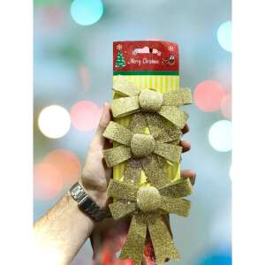 3db karácsonyfa masni készlet, Arany, csillámmal, 10 x 11 cm, poliészter, Flippy