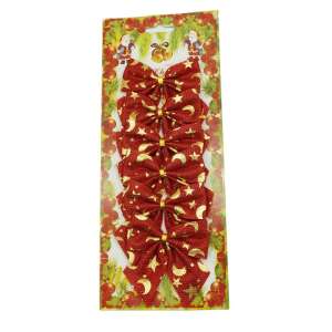 6db karácsonyfa masni készlet, piros, csillagokkal, 8 x 8 cm, poliészter, Flippy